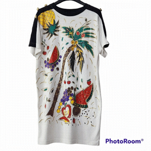 Vintage 80s Adolfo Sport Casual VacationDress Shoulder Pads Fruit Palm Trees